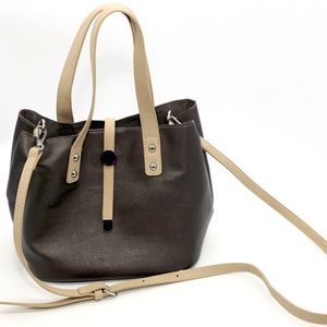 Dark Metallic Gray Shoulder Bag with Tan Straps